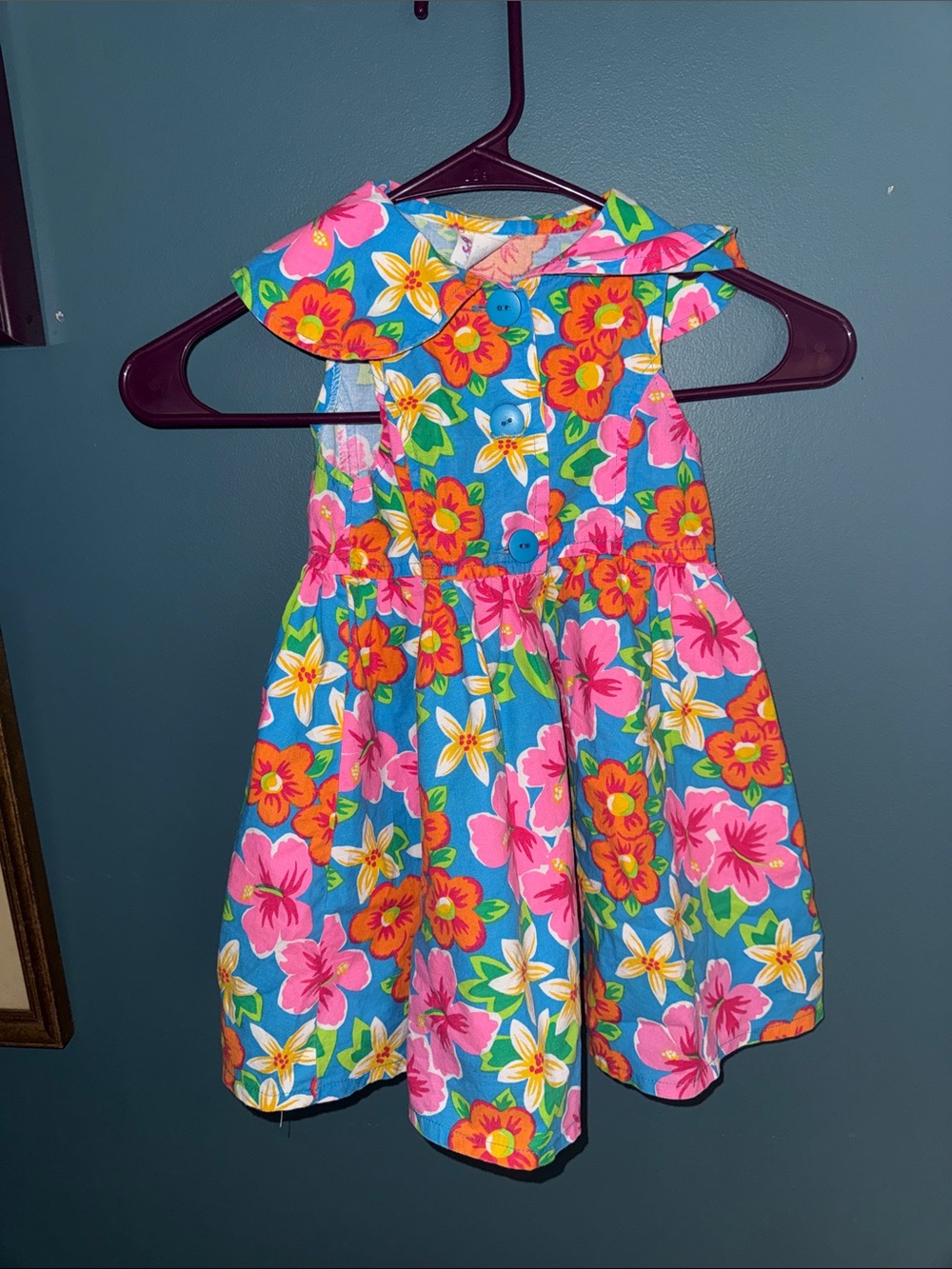 Girls' vintage Blue Floral Button-Front Summer Dress